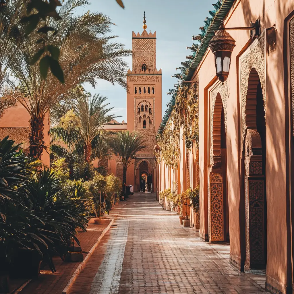 Ruelles de Marrakech avec architecture traditionnelle et palmiers, décoratif pour page de prise de rendez-vous.