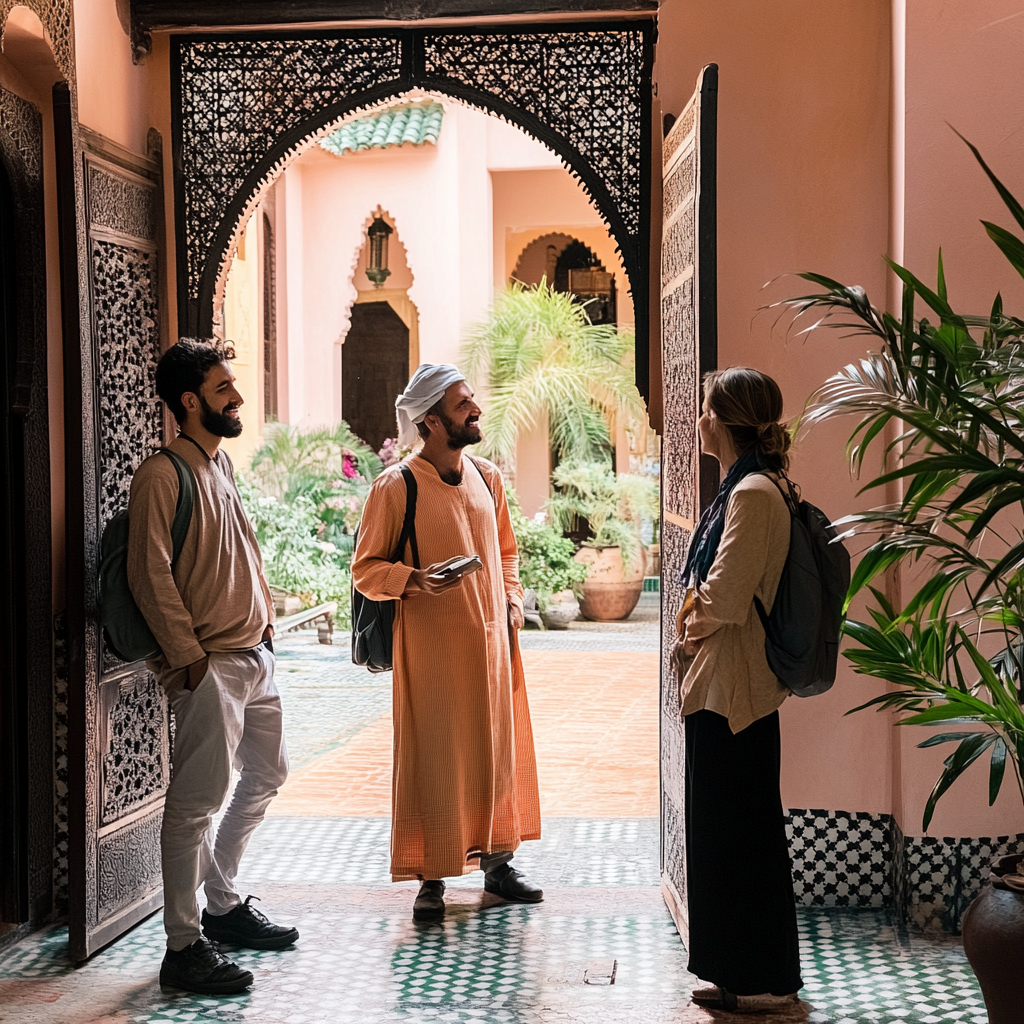 Un hôte accueillant des touristes dans une villa marocaine à Marrakech pour un séjour avec ZWN Location.