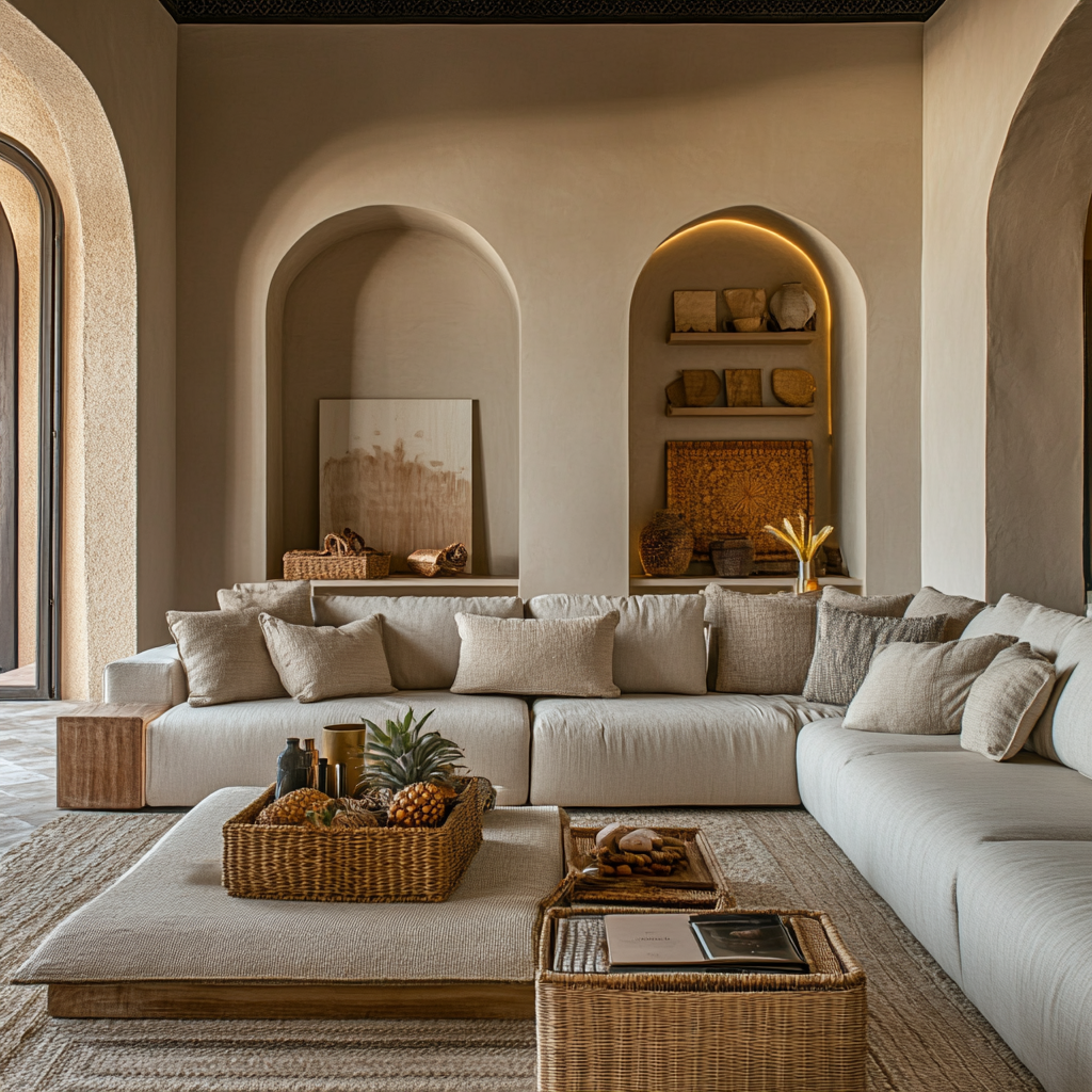 Salon de luxe dans une villa à Marrakech avec canapé confortable et décoration moderne