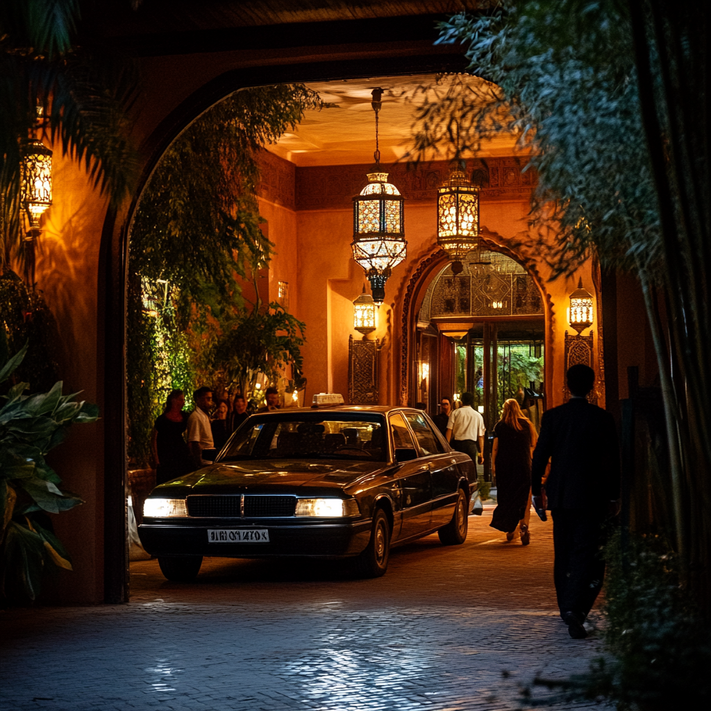 Voiture de luxe arrivant devant une villa marocaine éclairée la nuit, des lanternes suspendues éclairent l'entrée pour une arrivée prestigieuse.