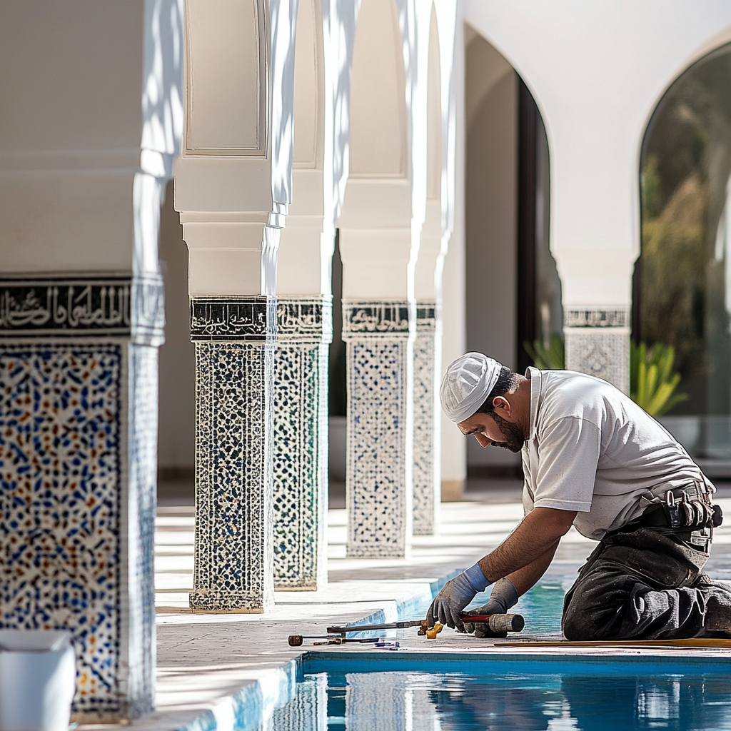 Technicien effectuant des réparations au bord d'une piscine dans une villa à Marrakech