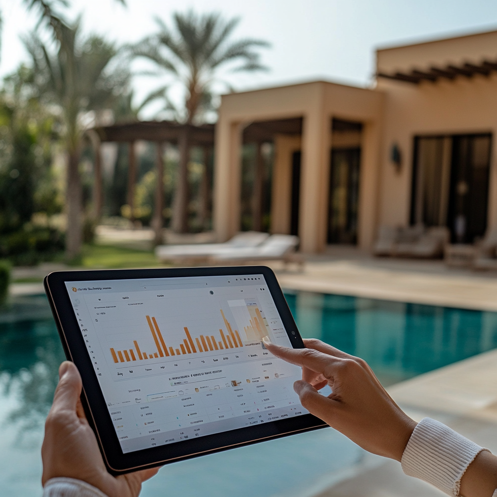 Tablette affichant des graphiques de suivi en temps réel près d'une villa de luxe à Marrakech